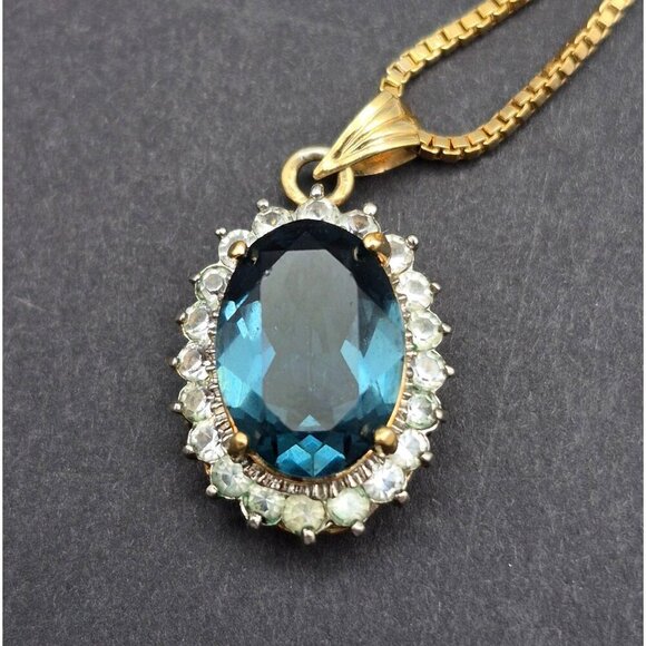 Gold Tone Box Chain Necklace Blue Stone Oval Pendant Clear Crystal Trim 18" - Picture 7 of 7